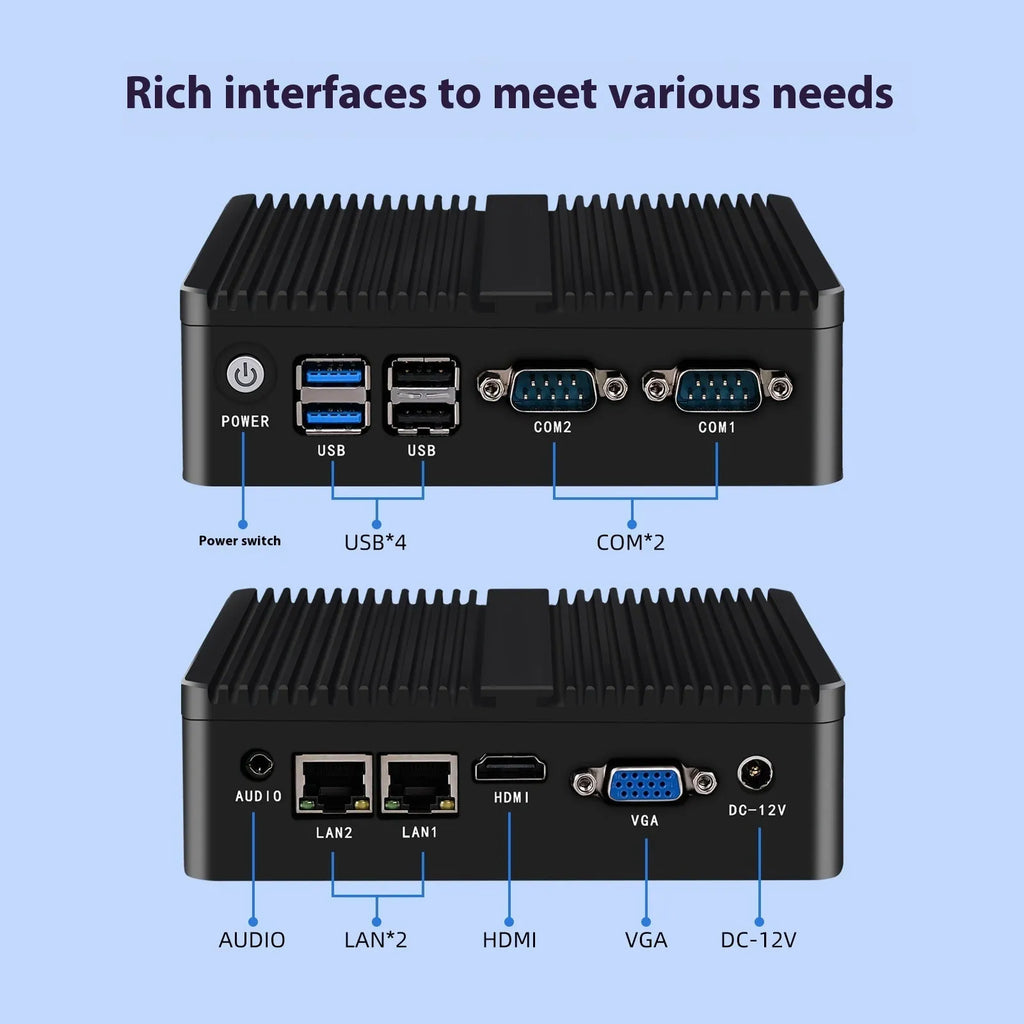 Industrial fanless mini-host computer with compact aluminium chassis measuring 13.6x12.7x4cm