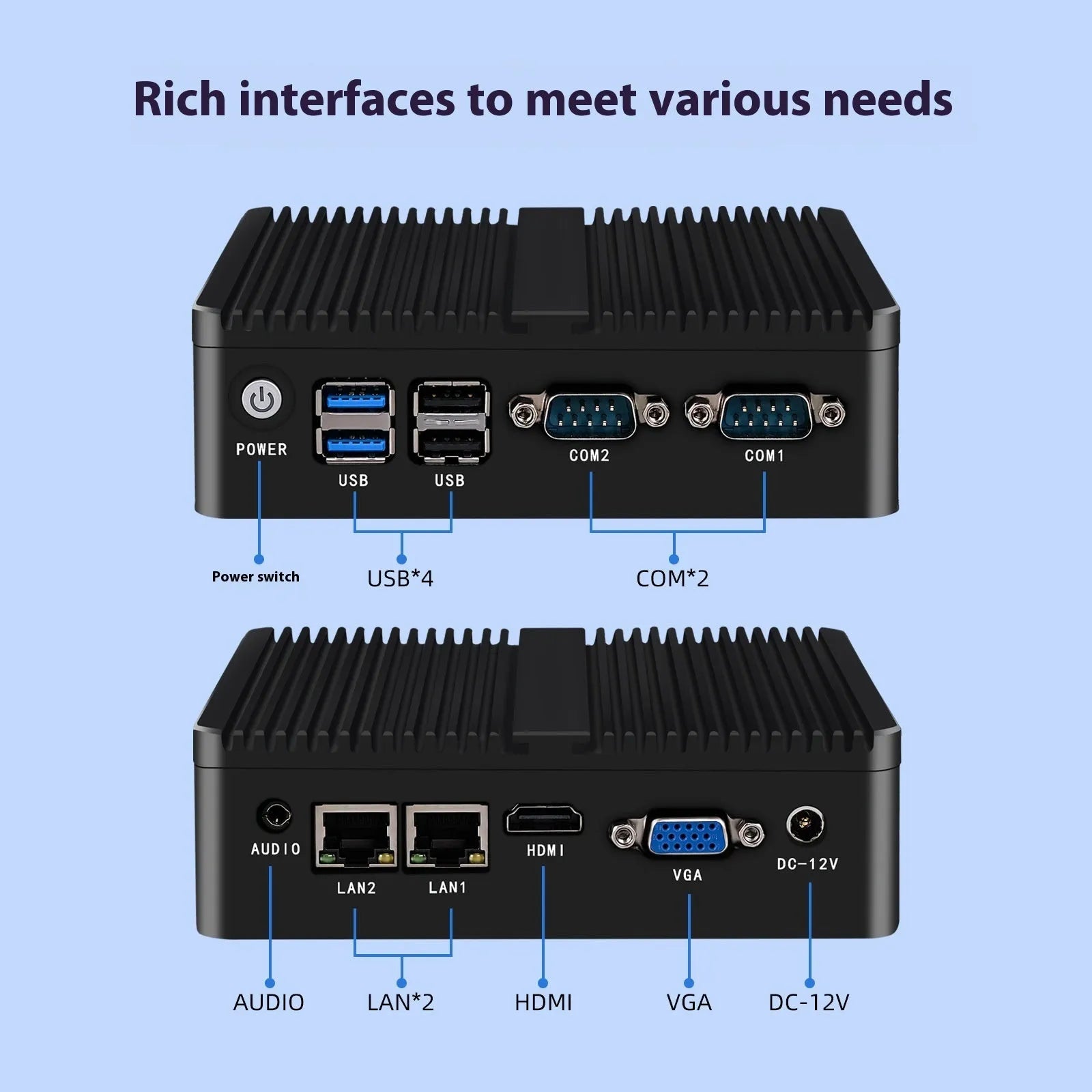 Industrial fanless mini-host computer with compact aluminium chassis measuring 13.6x12.7x4cm