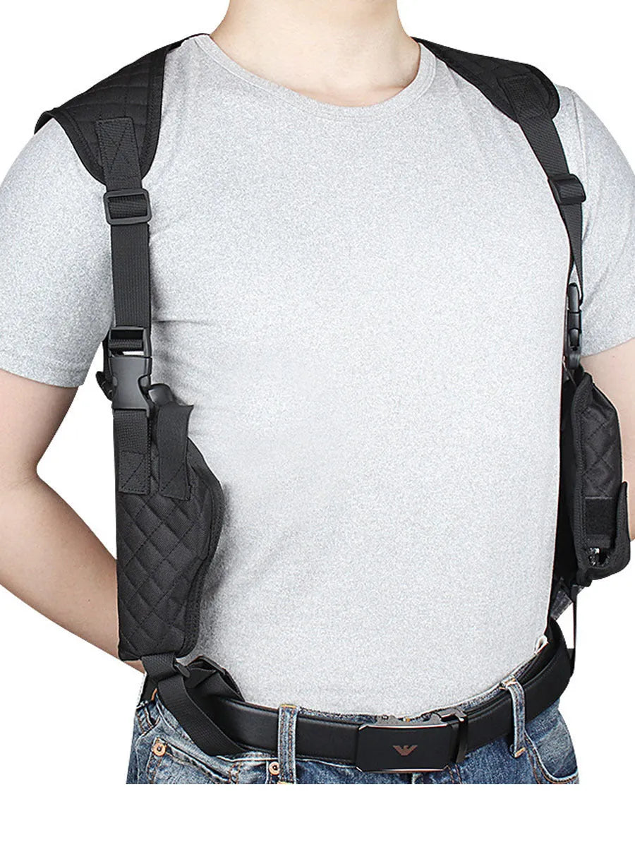 Outdoor holster portable hidden double magazine pouch in black nylon for unisex use
