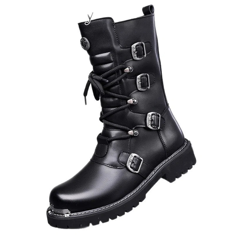 Men's black vintage high-top riding boots with side zipper, round toe, and suede finish over rubber sole