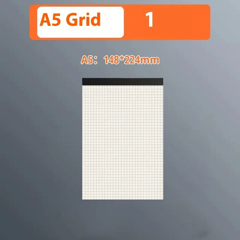 Set of A5, B5 and A4 writing pads showing blank, grid and horizontal line page styles.