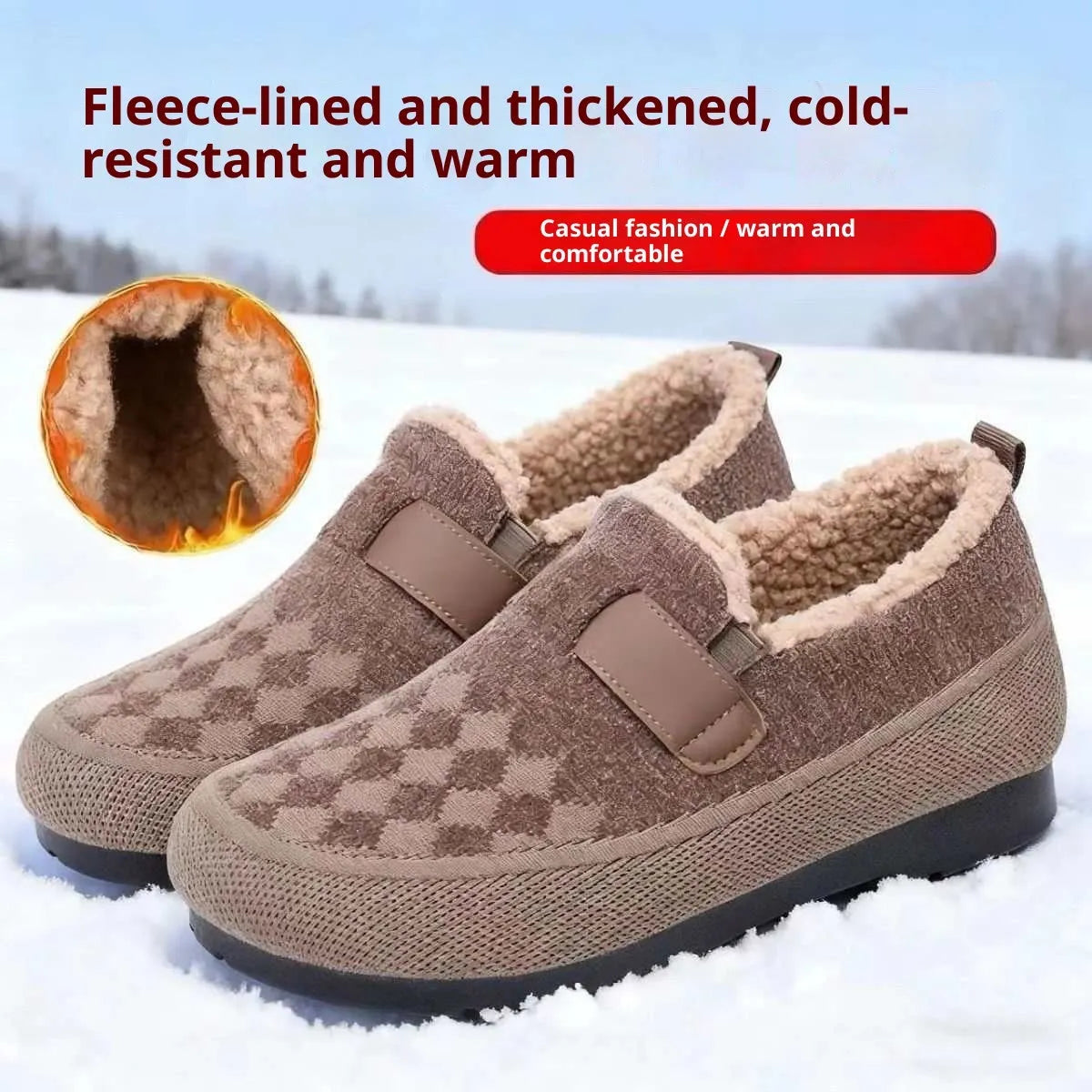 Women's Old Beijing cloth shoes with plaid upper, artificial velboa lining, and flat PVC sole in black, red, or khaki