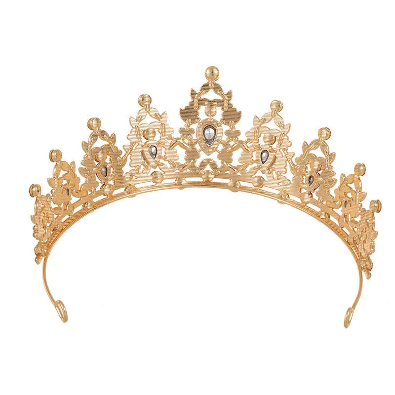 Baroque-style bridal crown hair accessory with rhinestones on an alloy frame in silver and gold colour options.