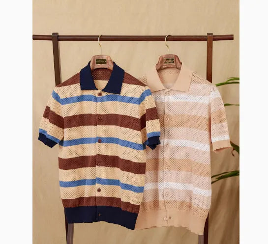 Retro casual hollow lapel short sleeve top in 100% cotton with striped pattern, available in white and blue brown, sizes M to 3XL