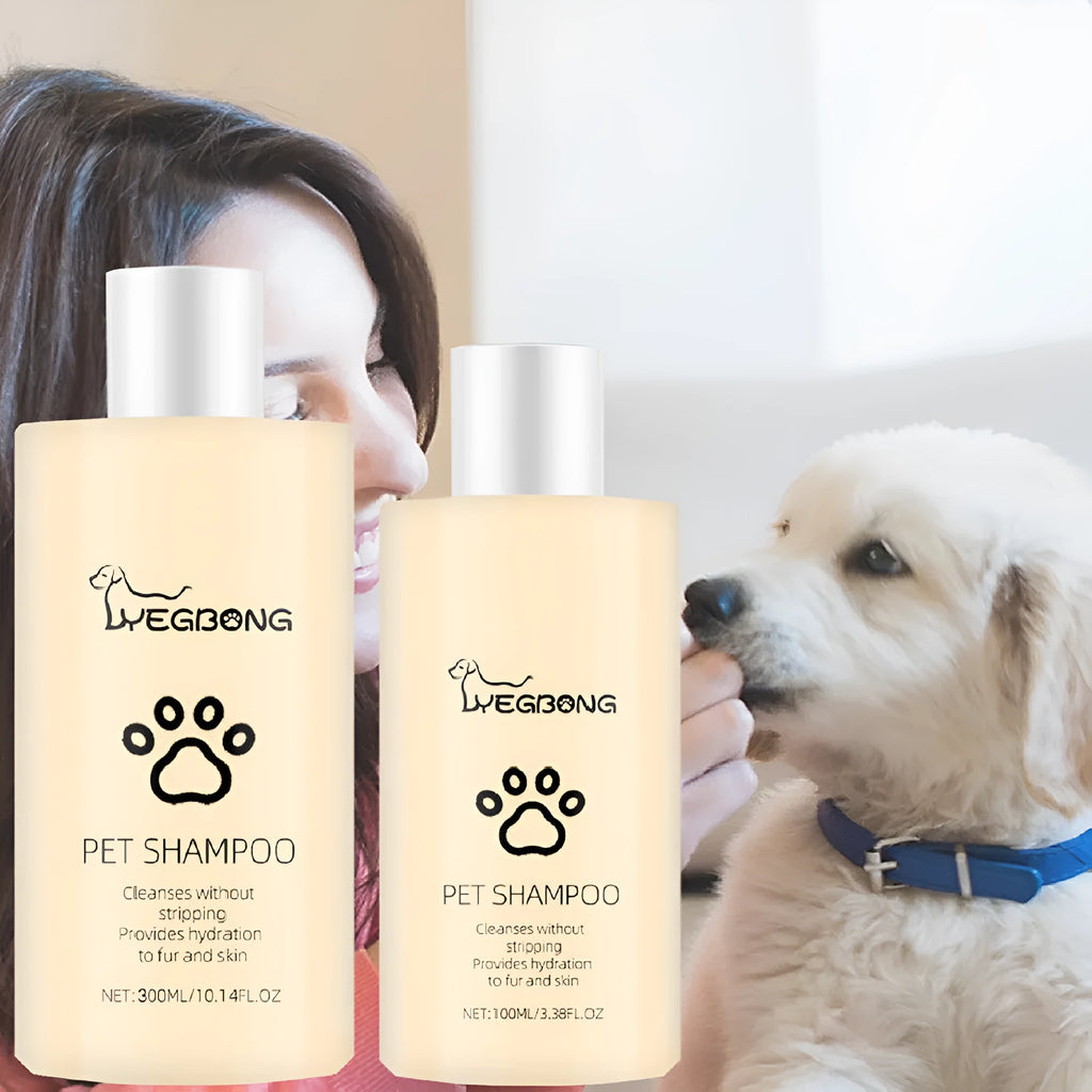 Bottle of mild pet shampoo for dogs and cats in 100ml and 300ml sizes
