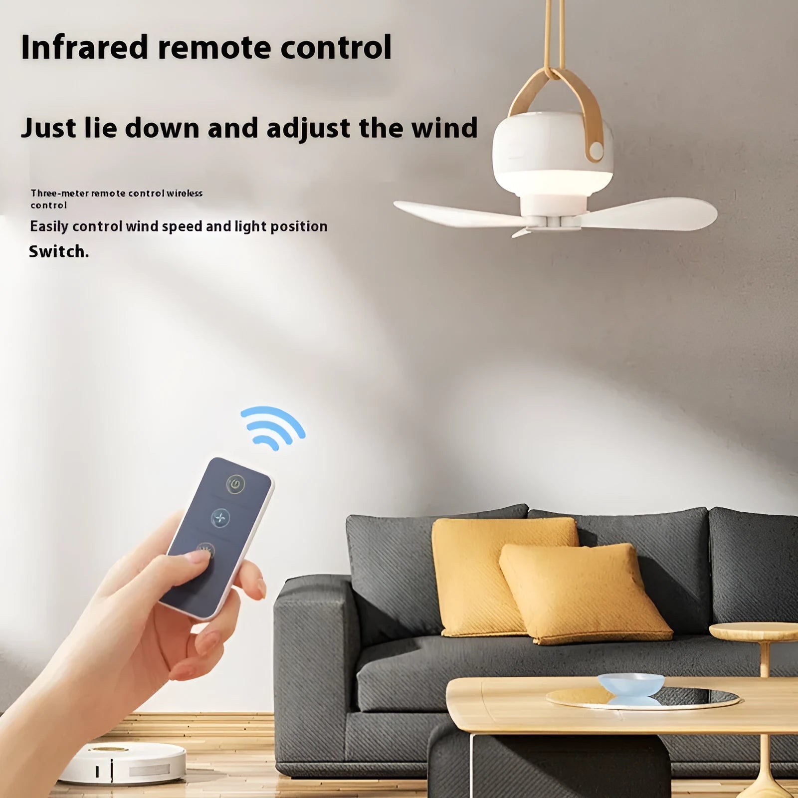Rechargeable portable camping fan with night light, remote control, and hanging bracket on a blue background.