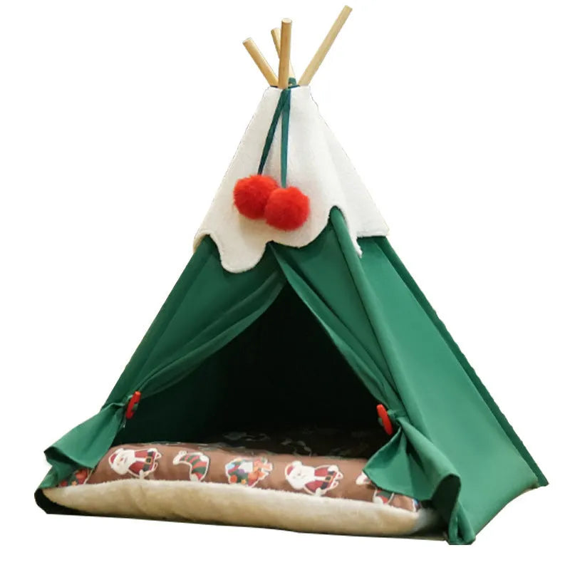 Semi-closed cat house pet bed with thickened cloth construction in brown and white mat options