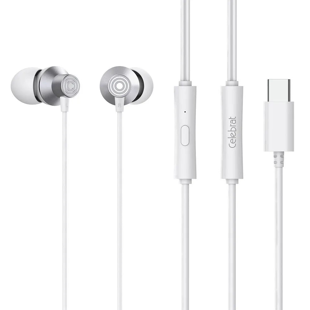 Type-C stereo wired earphones with 1.2m cable, available in black, white and red