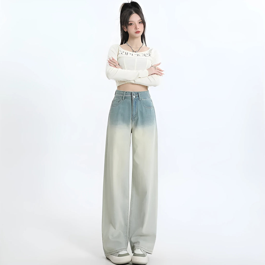 Women's gradient blue straight-leg wide-leg denim trousers laid flat.