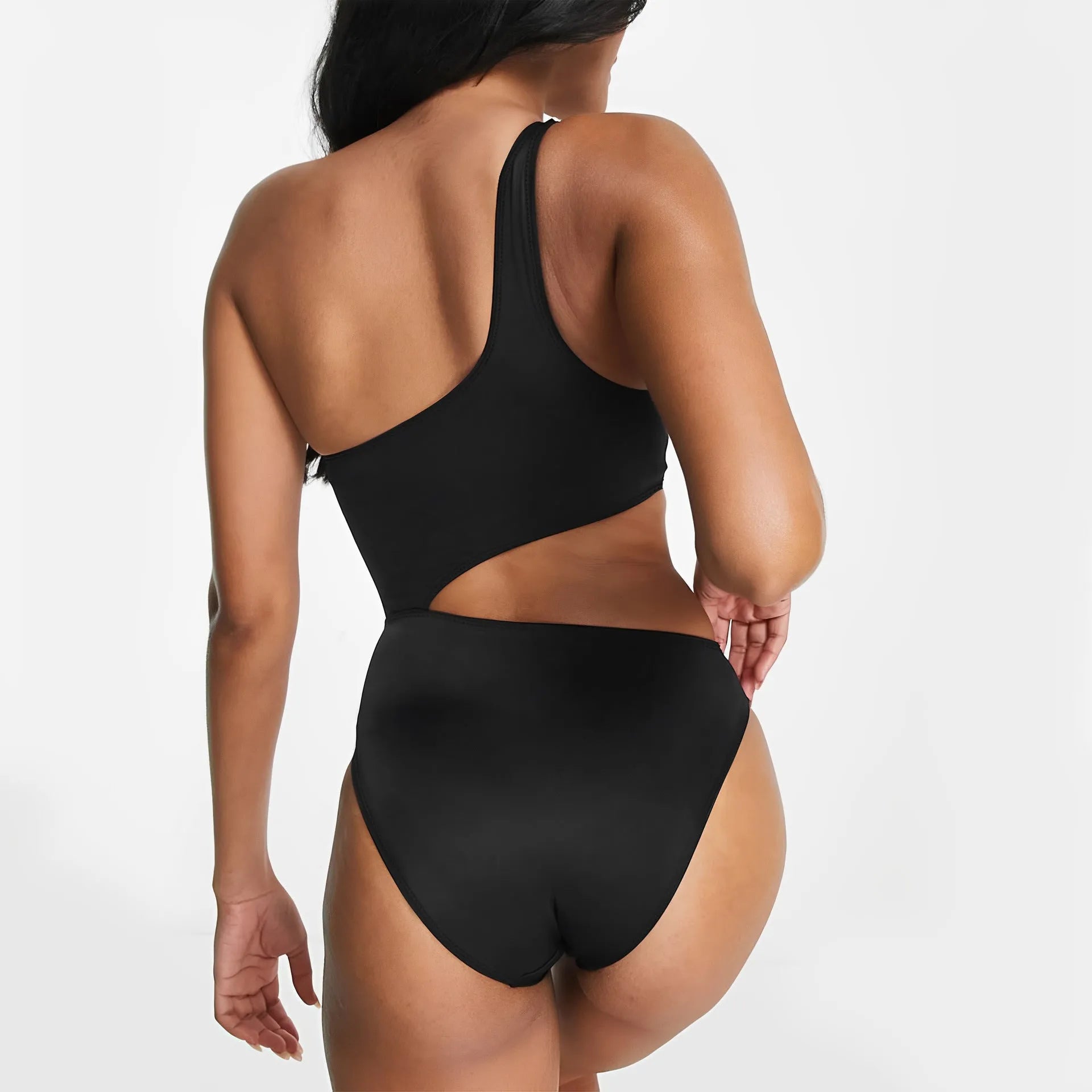 Black women's one-piece swimsuit with white stitching and hollow cut-out design