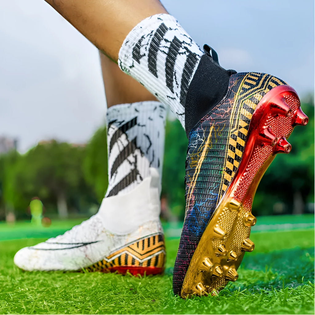High-top football training shoes with gold-plated sole, synthetic leather upper in white, black or mandarin duck colours