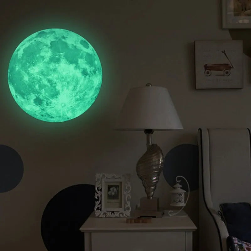 30cm green fluorescent glow moon wall sticker on a wall, glowing in the dark