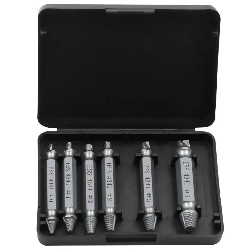 6-piece high speed steel 4341 slip-tooth head screw extractor set on a neutral background