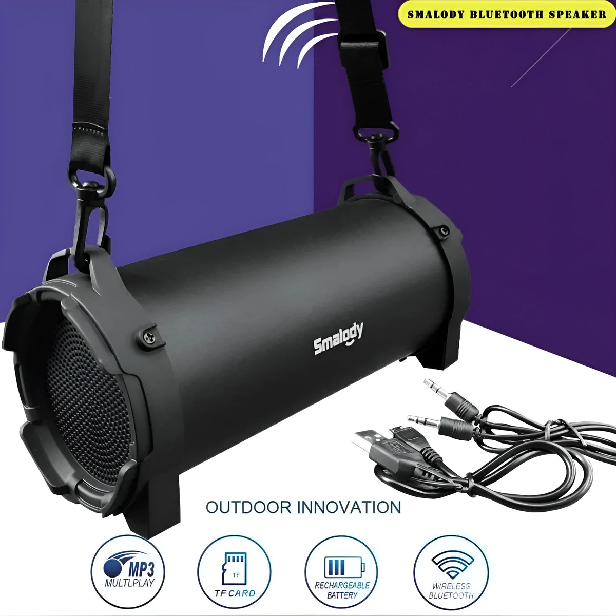 Black portable 8W Bluetooth speaker with card insertion and call function, supplied with suspender