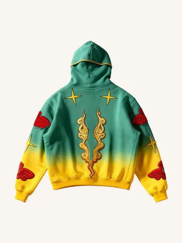 Men vintage print loose-fit hoodie sweater in green yellow with hood and long sleeves