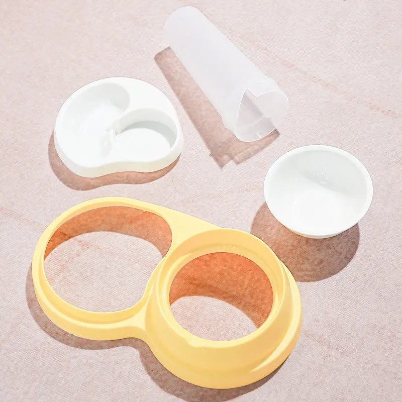 Grey and yellow double pet feeding bowl with separate food and water compartments measuring 26cm