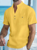 Men's linen stand collar short sleeve shirt in light blue loose fit casual style