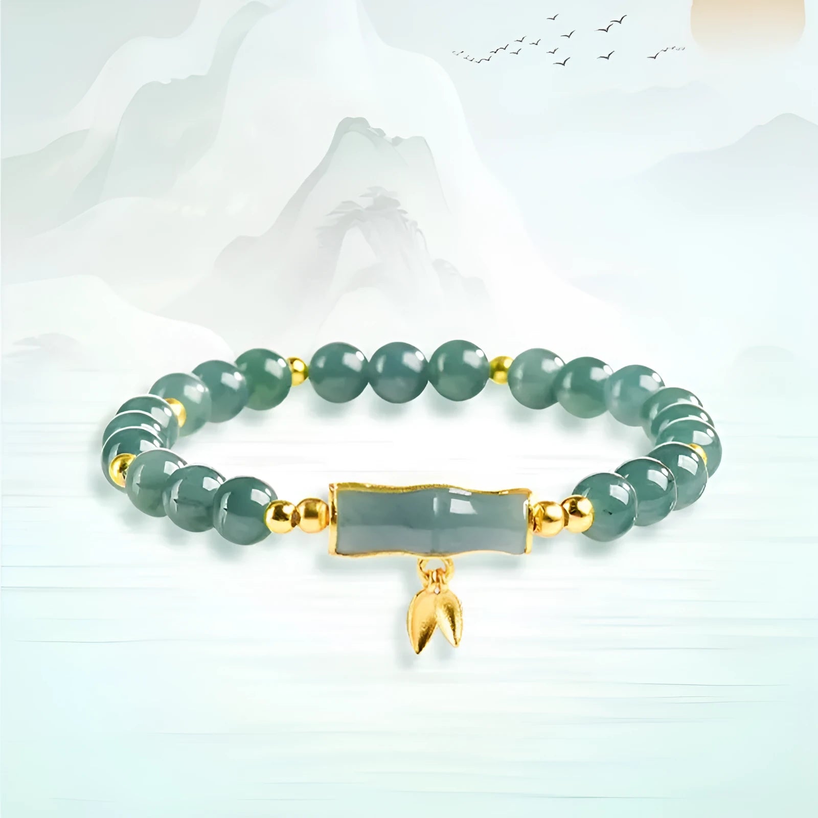 Women's silver bracelet with natural jade and blue beads in a simple high-rise design.