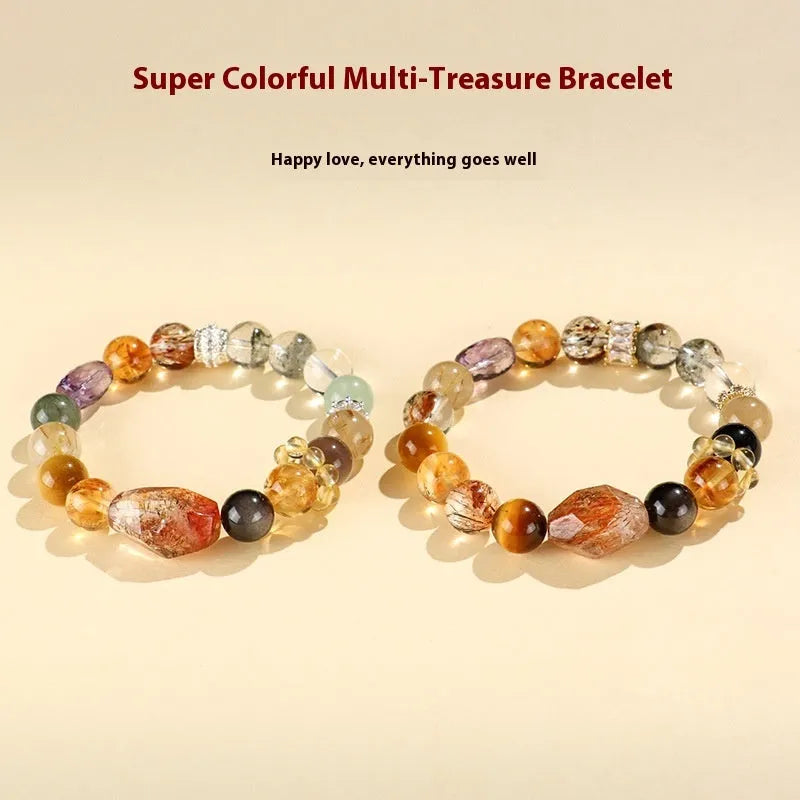 Handmade black and gold string bead bracelet made with natural Duobao crystal.