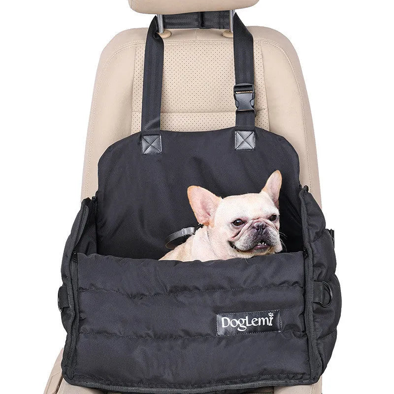 Black multifunctional pet car bag with clip-on strap and harness clip for dog travel safety