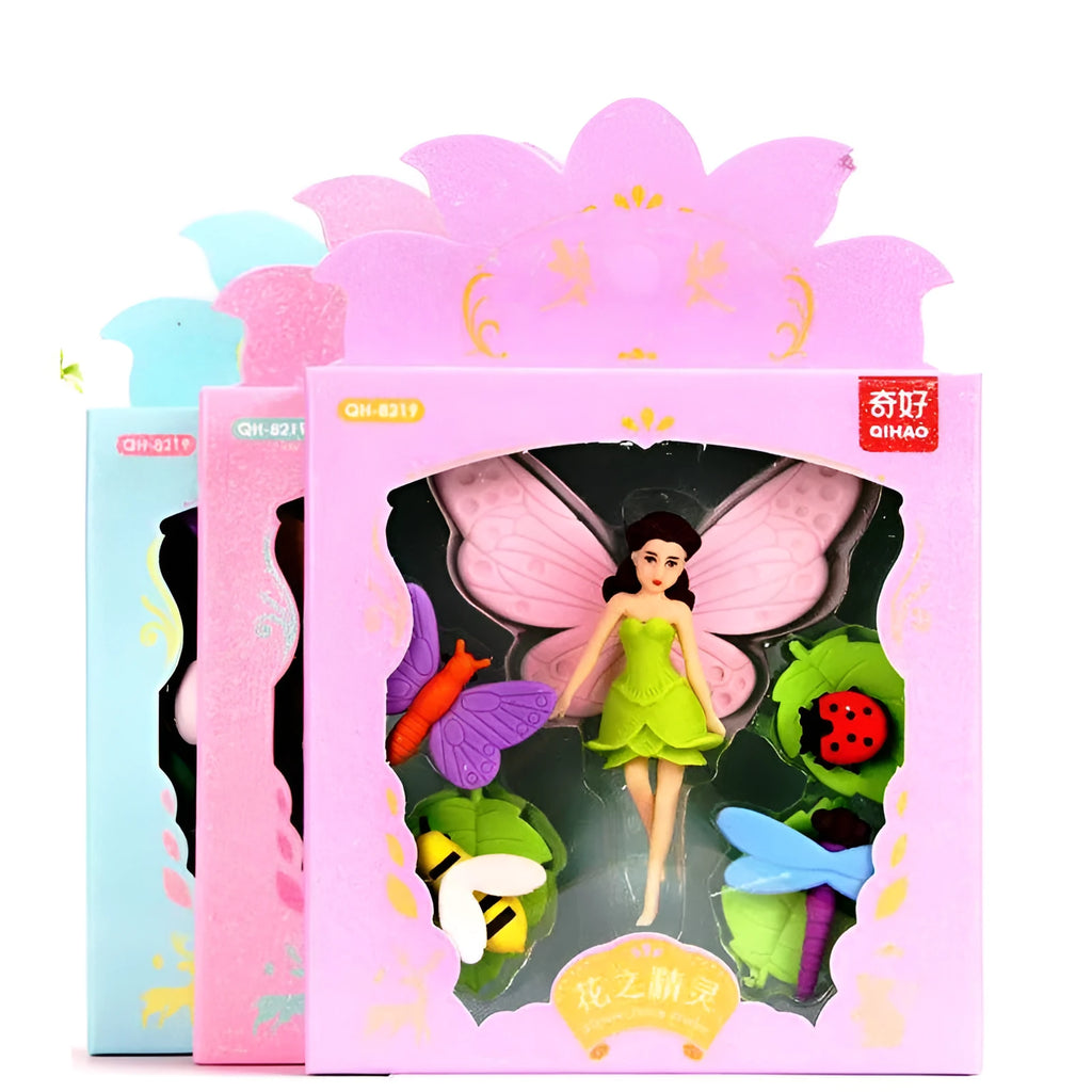 Flower Fairy eraser suit box of 12 TPR erasers in Flower Fairy and Mermaid colours, 14x13cm