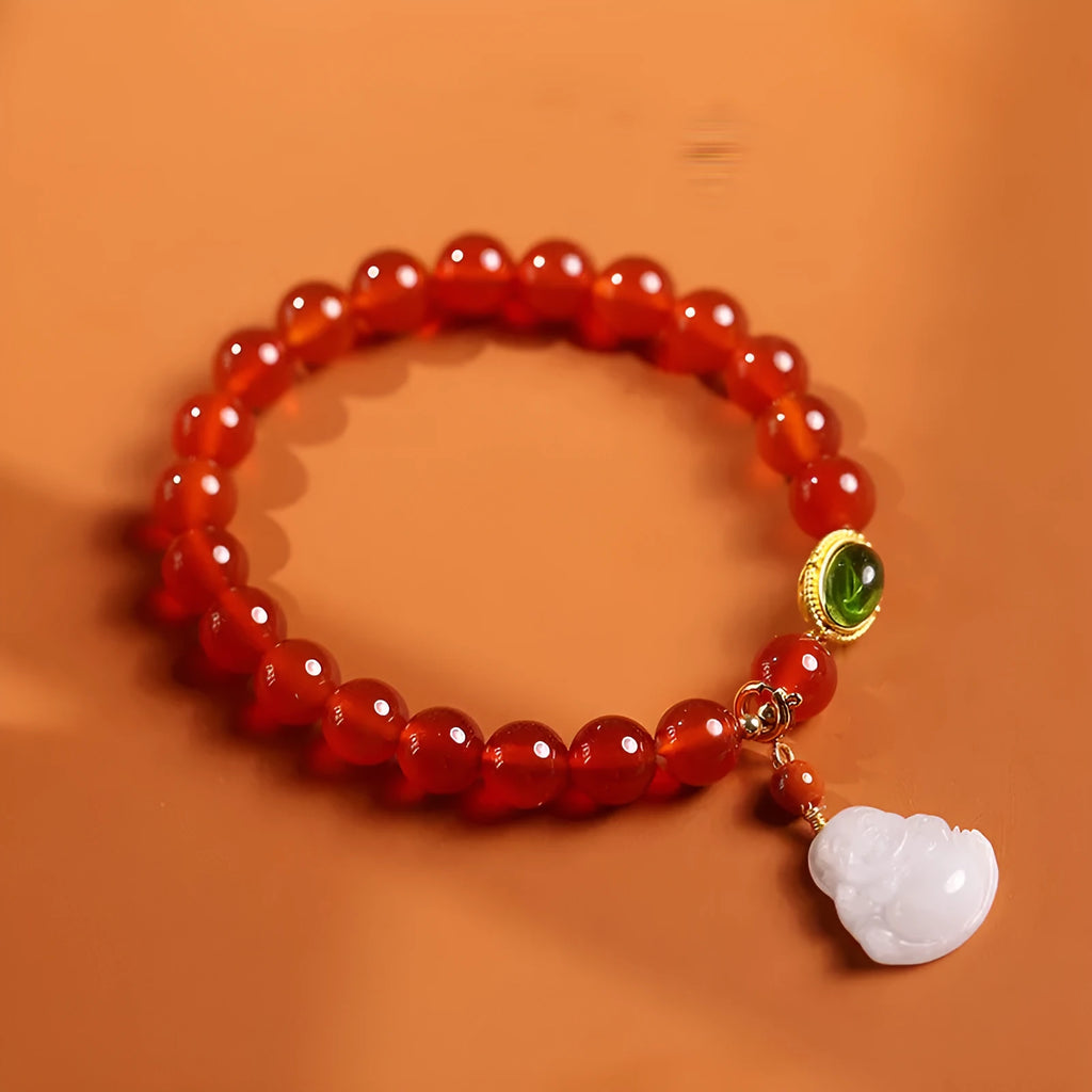 Red agate and amber women's bracelet with geometric Chinese design and hanging Maitreya Buddha charm