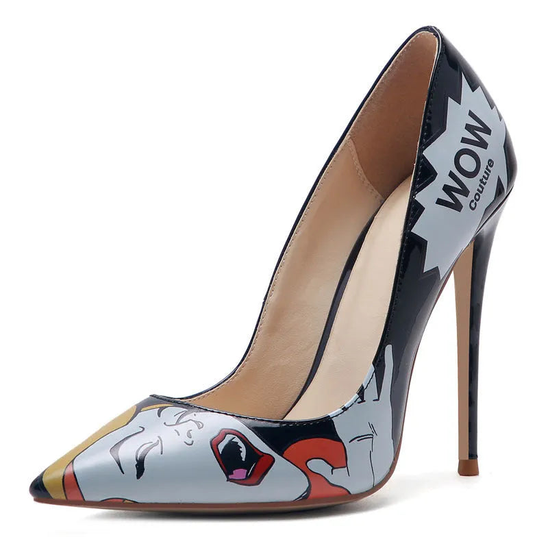 3D printed high heels in black grey with 12cm heel, breathable microfiber upper, and non-slip rubber sole