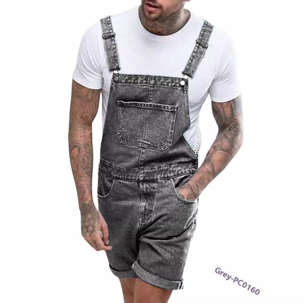 Mid-waist denim suspender shorts with elastic fabric and zipper fly in three colour options