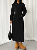 Women's casual long sleeve hoodie dress with drawstring waist and side pockets in solid colour