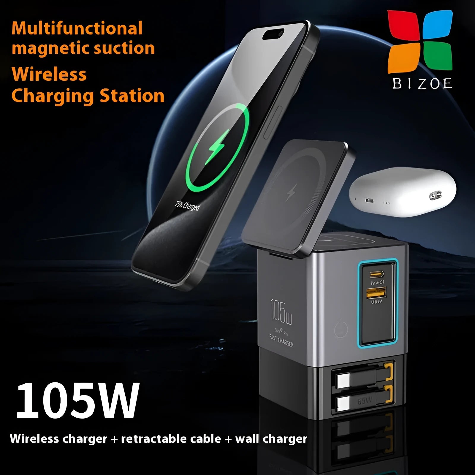 105W Gallium Nitride magnetic wireless charger in black with UK plug, universal travel charger