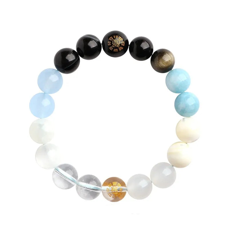 Natural crystal bracelet with Chinese five elements complementary design in Earth Gold colour, 8mm beads on white background