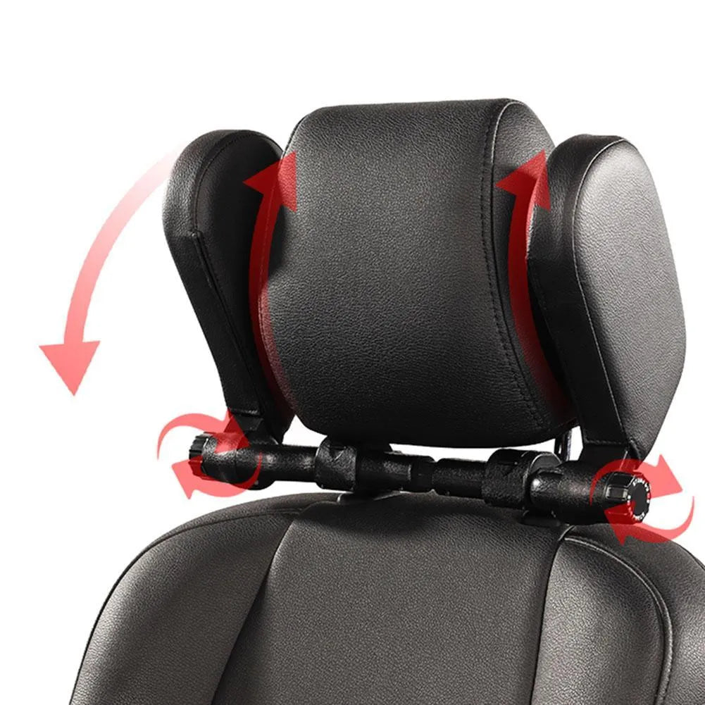 Car headrest neck pillow with memory foam padding, adjustable width and height, leather cover in black with red