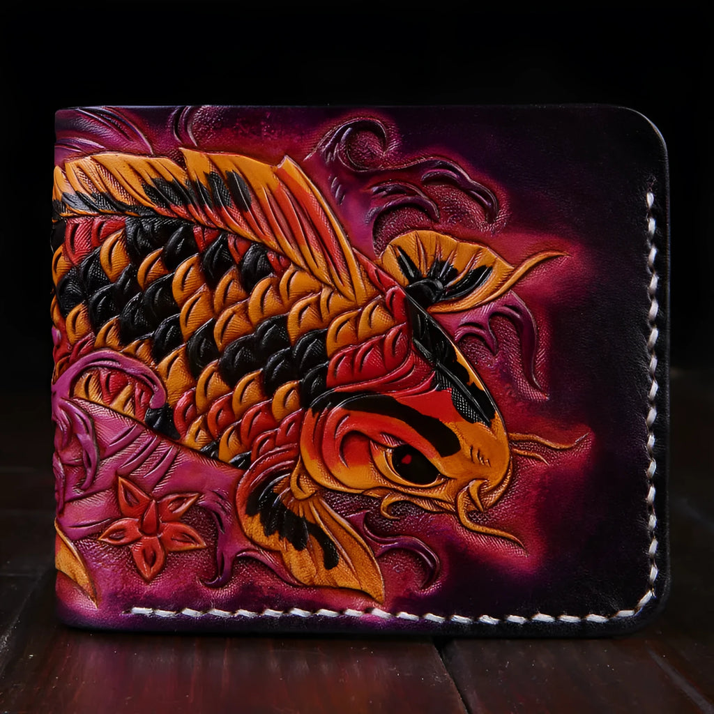 Men's navy blue cow leather short wallet showing six card slots and currency compartment, dimensions 10x12cm.