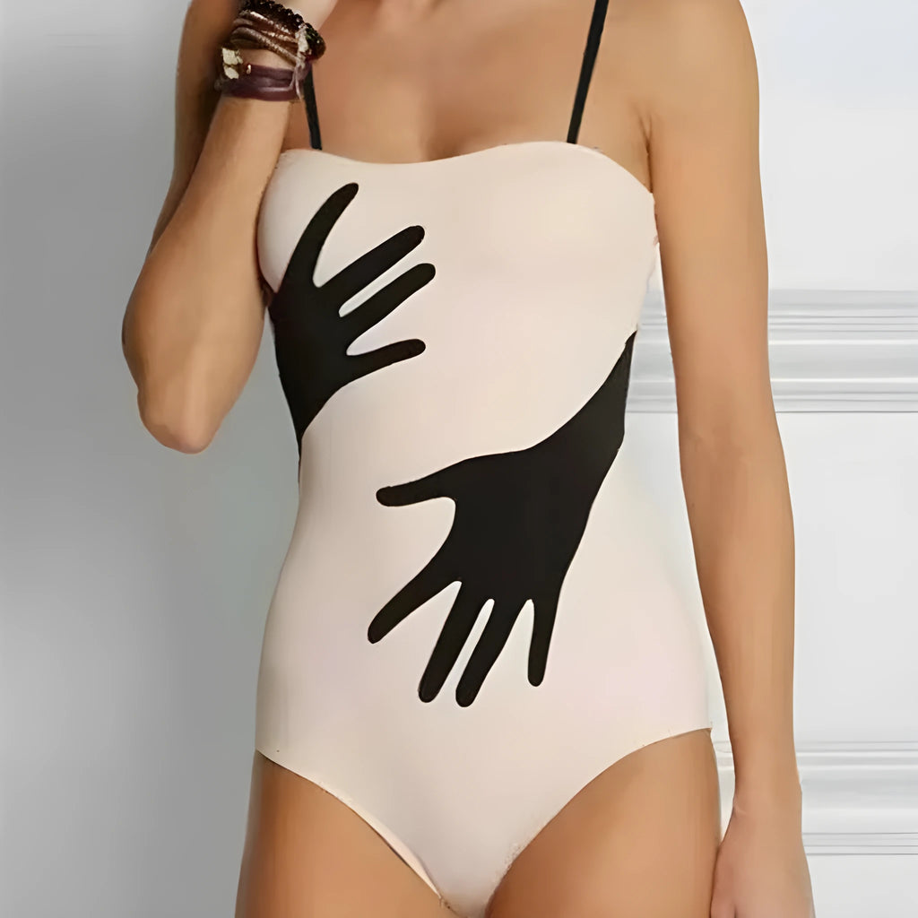 Women's one-piece bikini swimsuit with attached gauze skirt in various sizes