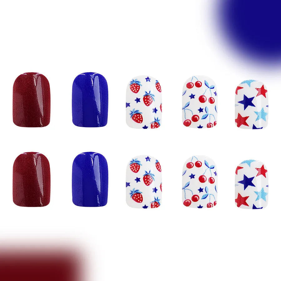 C409 Style glossy red and blue strawberry cherry pattern short nail stickers, pack of 24