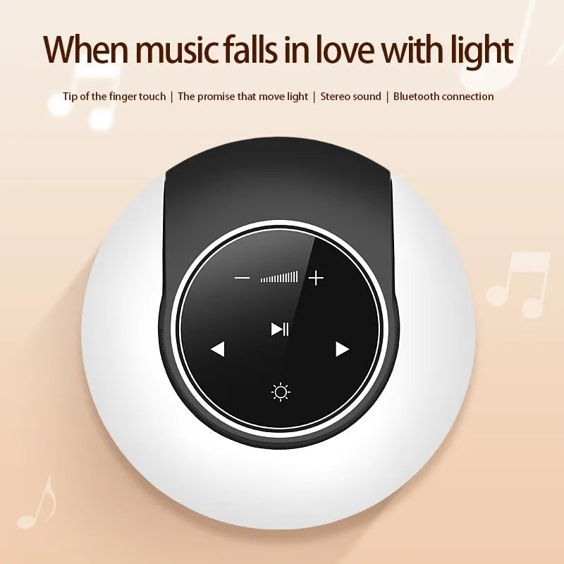 Folding Bluetooth desk lamp and speaker with touch controls showing blue atmospheric LED light.
