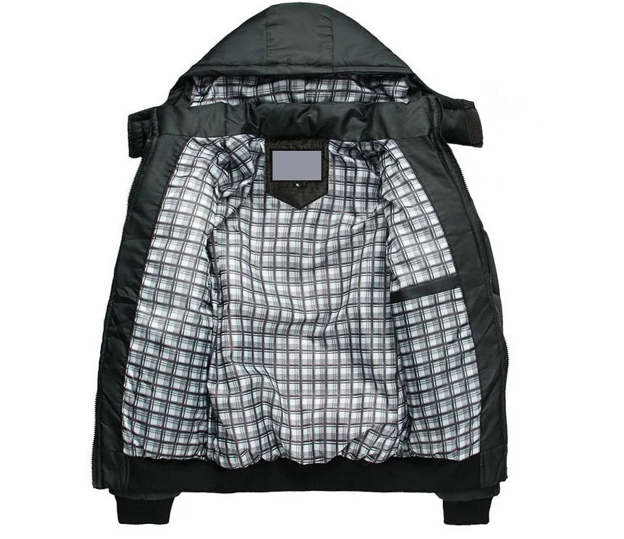 Black winter parka for men with detachable hood, full zip front, and multiple pockets, shown front view