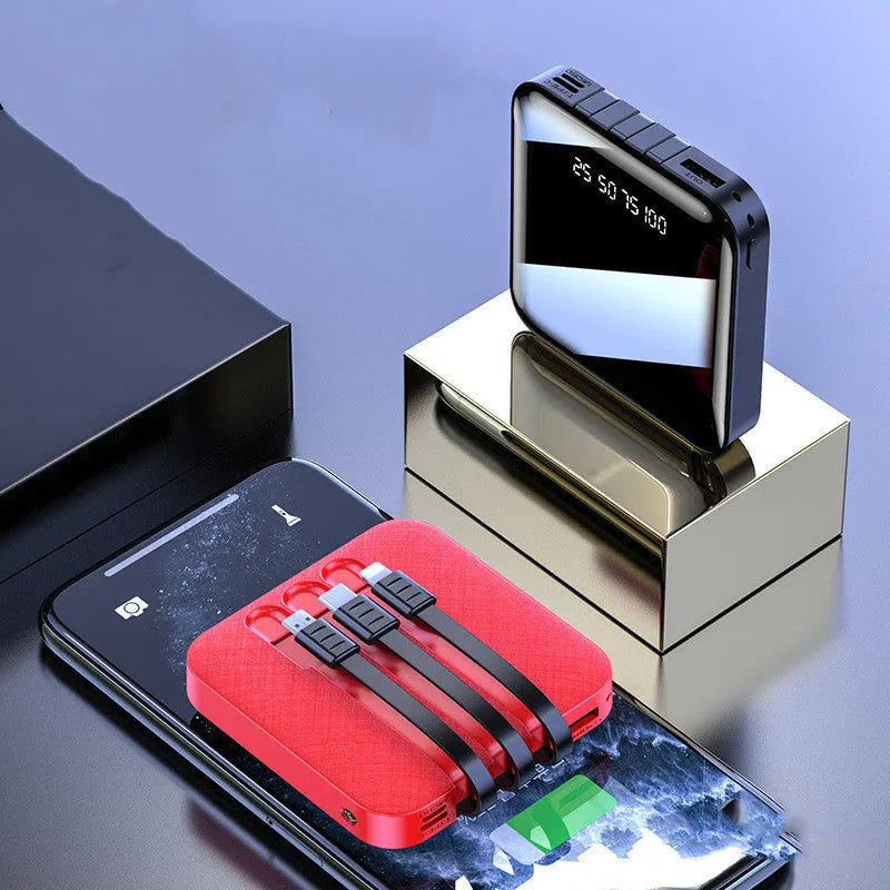 Black and red power banks with data cables showing 10000mAh capacity and 80x80x23mm dimensions