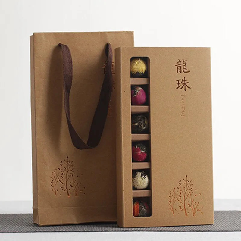 Gift box of six flavor flower tea with 18 tablets including jasmine, lily, peony, yellow chrysanthemum, rose, and chrysanthemum