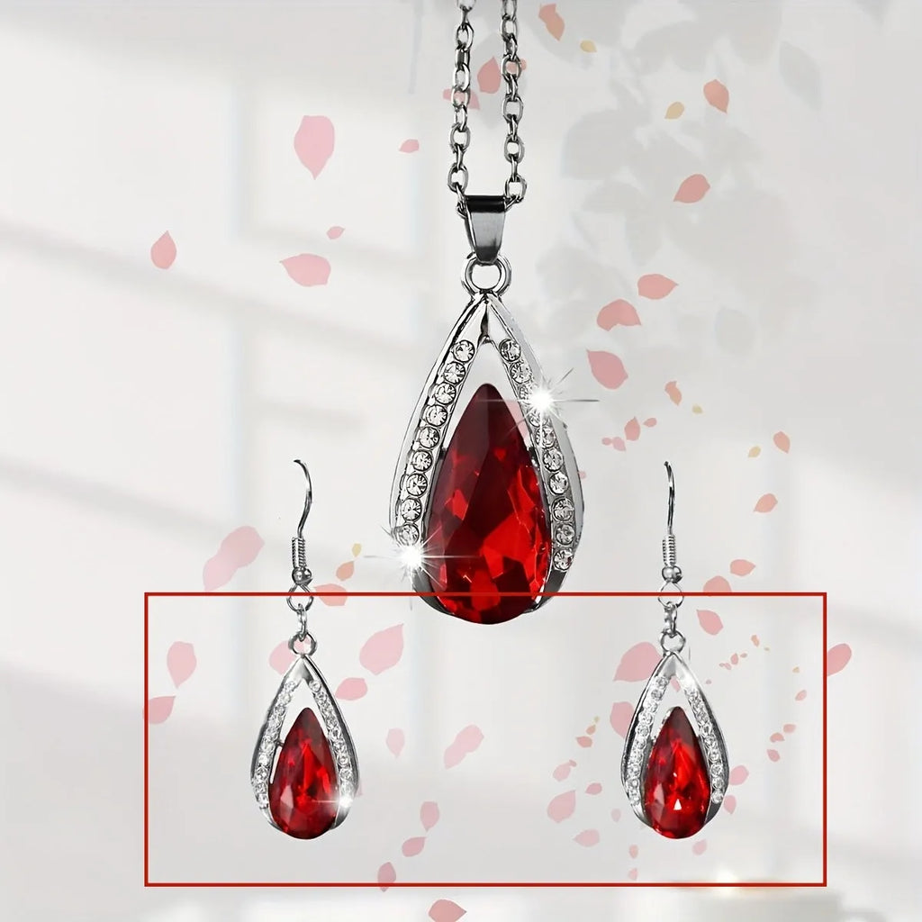 Black and red teardrop pendant alloy necklace and matching earrings set.