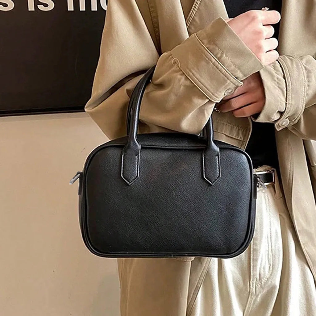 Retro square PU leather messenger bag with adjustable shoulder strap in black colour