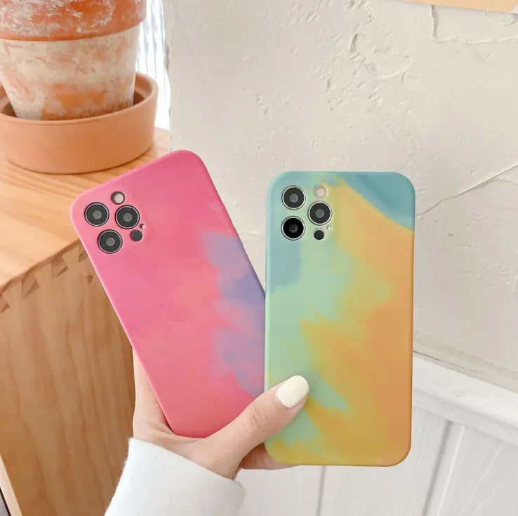 Soft silicone iPhone case with blue and purple oil painting gradient and geometric abstract pattern.