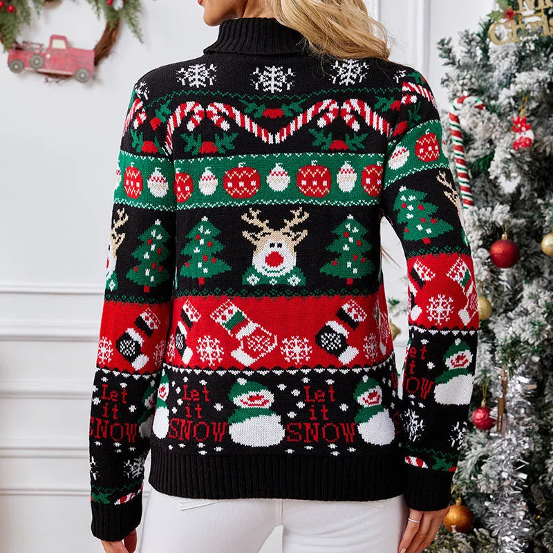 Women's slim fit animal pattern turtleneck sweater in black Christmas sweater colour, long sleeves, acrylic knit pullover