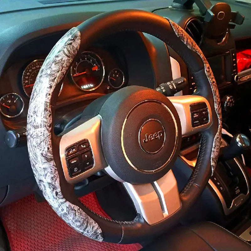 Peach wood grain artificial leather steering wheel sleeve for 38cm wheel, shown in crystal brown colour.