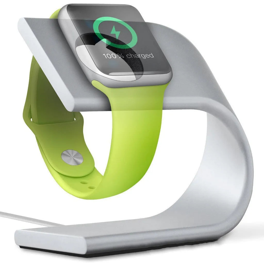 Grey aluminum alloy U-shaped Apple Watch charging stand on desk, 105x50x90mm