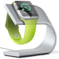 Grey aluminum alloy U-shaped Apple Watch charging stand on desk, 105x50x90mm