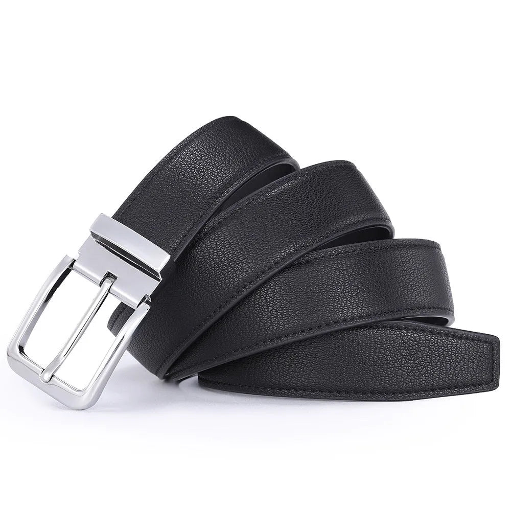 Men's brown leather belt with an alloy pin buckle showing embossed water pattern design.