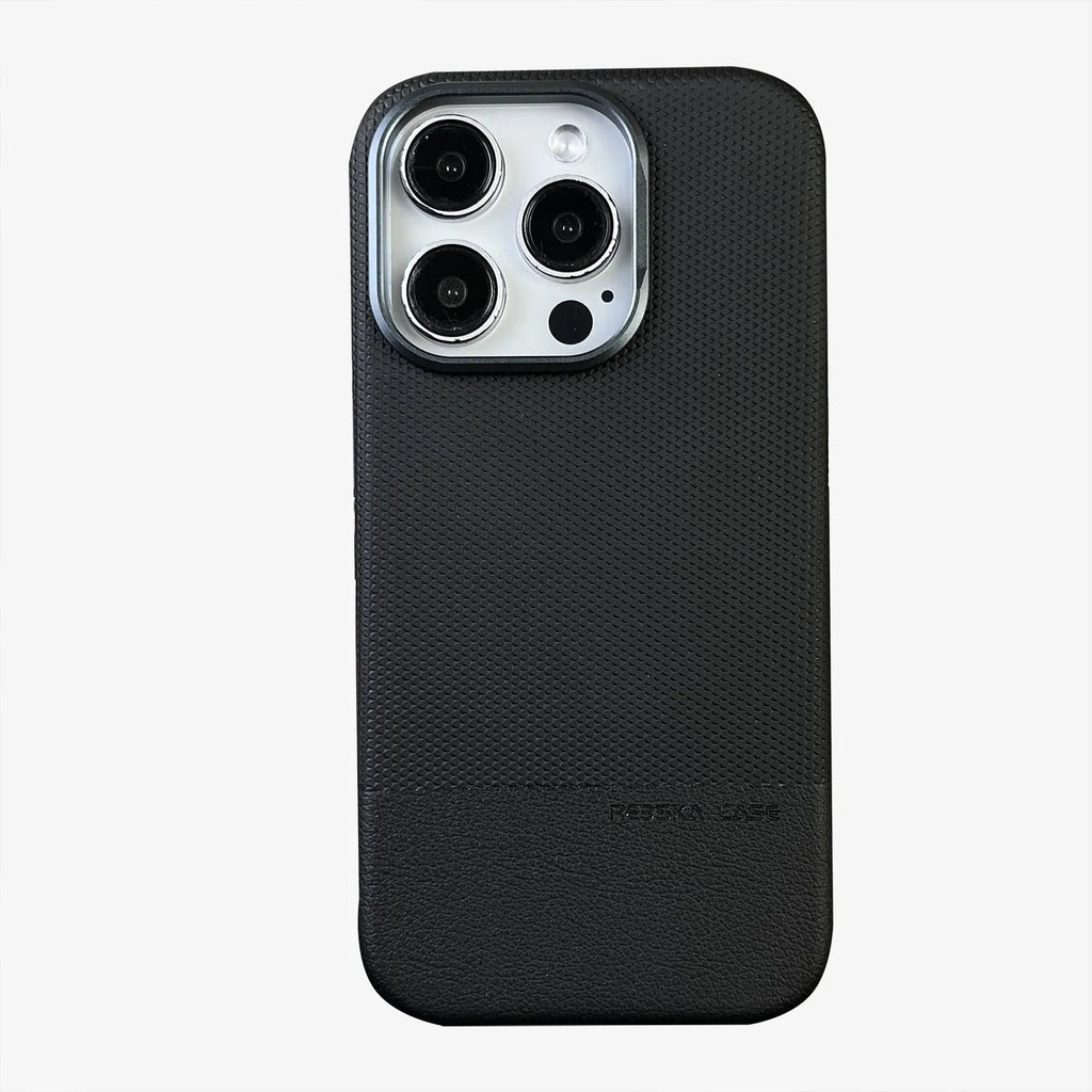 Magnetic iPhone case with dragon scale texture and leather stitching in black colour
