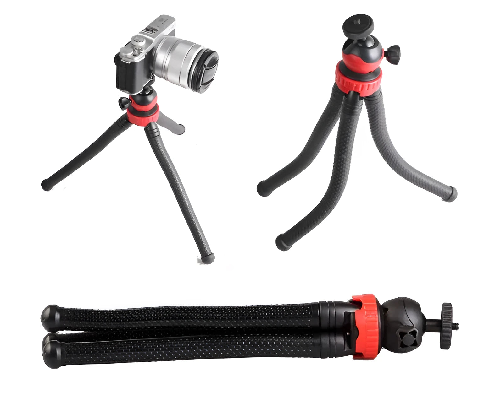 Black rubber octopus tripod with flexible legs and spherical gimbal head for mobile phones and cameras