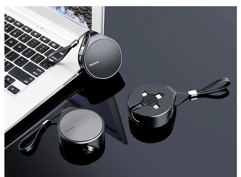 Telescopic three-in-one fast charging data cable extended to 1 metre length with retractable mechanism